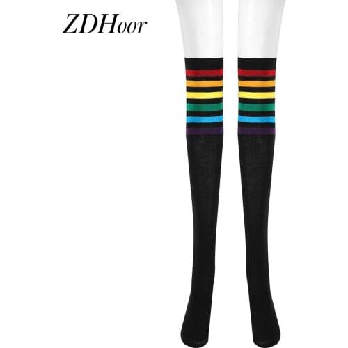 1 Pair School Girl Socks Rainbow Stripe Knee High Sock Fashion Thigh High Stocking Cosplay Long Stockings Cotton Knit Leg Warmer
