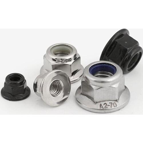 2/10X Black Carbon 304 A2-70 Stainless Steel Hex Flange Nylon Insert Lock Nut M3 M4 M5 M6 M8 M10 M12 Self-locking Nylock Locknut