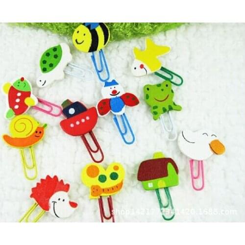 24pcs/lot Cute Cartoon Animal Pattern Wooden Paper Note Clips Bookmark Paper Clip Stationery Learning Office Supplies MQ 010