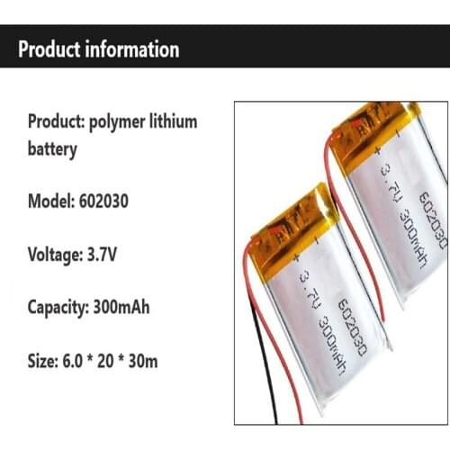 3.7V polymer lithium battery 602030 300mAh Bluetooth MP3 MP4 Smart Watch wireless card audio recorder Rechargeable Li-ion Cell