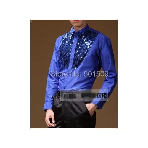 Free shipping golden/black/royal blue/red sequins beading collar front mens tuxedo shirts party/event shirts