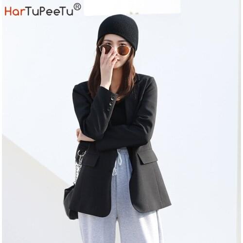 BF Black Blazer Jacket Women Spring Autumn Korean Style Loose Casual Long Business Suit Coat S~2XL Size Office Lady Tops