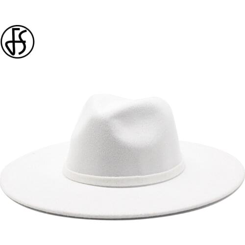 FS 2021 White Green 9.5cm Big Wide Brim Men Hat Plain Wool Felt Fedora Jazz Panama Cap Church Hats For Women Elegant Sombreros