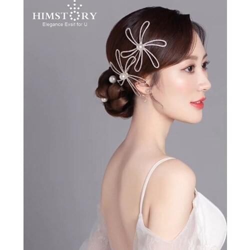 Himstory Flower Bride Wedding Hair Accessories Rhinestones Pearl Bridal Side Headpiece for Women Hairpins Jewelries