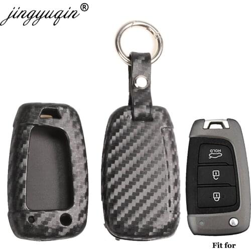 Jingyuqin 10X Fiber Car Key Case Cover Silicone for Hyundai Elantra Solaris 2016-2019 3/4 Button Folding Remote Key Carbon Case
