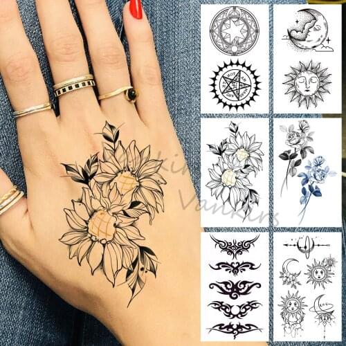 Creative Sun Flower Temporary Tattoos Small For Women Men Realistic Badge Moon Lace Rose Fake Tattoo Sticker Hand Body Tatoos
