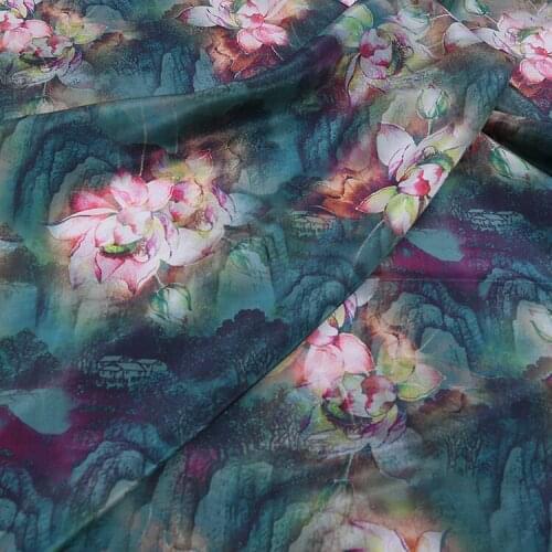 1 Meter Red Lotus Printing 16 Mm Summer Shirt Dress Crepe De Chine Vintage Silk Fabric