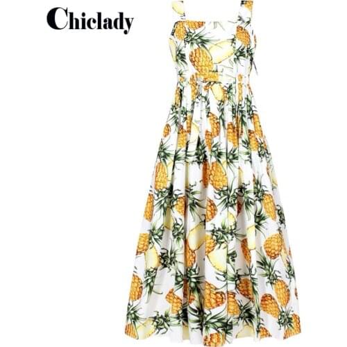 CHICLADY summer holiday midi dress pineapple fruit printed spaghetti strap tropical flower sundress women casual lace up fashion