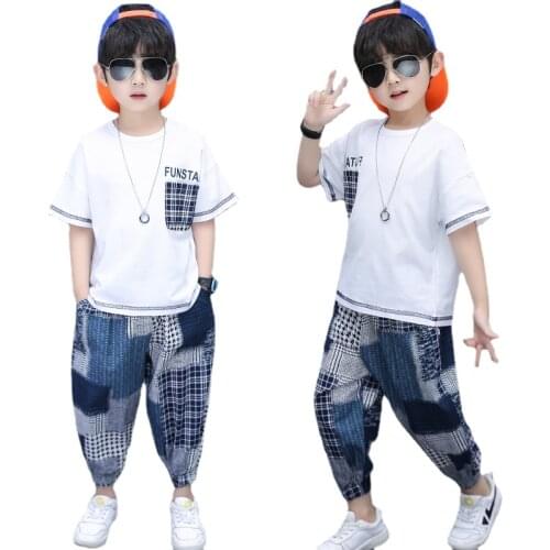 Summer Kids Boy White Clothing Set Boutique T Shirt + Cube Print Pants Gentleman Children Clothes Suits Fashion Letter 2pc Set