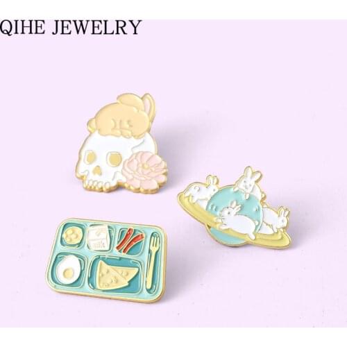 Cartoon Rabbit Enamel Pin Skull Planet Breakfast Brooches for Women Cute Backpacks Lapel Pins Badge Anime Jewelry Gift Wholesale