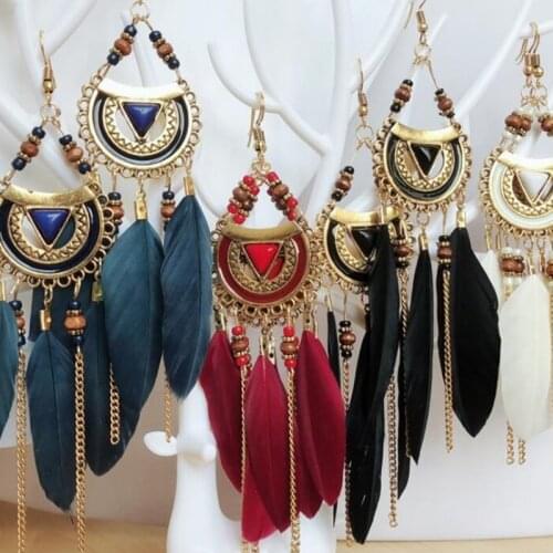 Charm Bohemian Drop Earrings Long Feather Tassel Dreamcatcher Beads Hook Earrings for Women Ethnic Tibetan Party Jewelry Gift