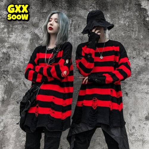 Stripe Sweaters Men Women Ripped Destroyed Holes Distressed Knitted Pullover Knitwear Male Hip Hop Fashion Streetwear WQ192