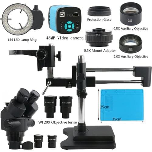 3.5X-90X Simul-focal Industrial Trinocular Stereo Microscope +1080P 48MP HDMI USB Video Microscope Camera With Double Boom Stand