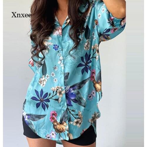Floral Print Shirts Sexy Fashion Fall Winter Lapel Casual Half Sleeves Loose Cardigan Buttons Long Blouses Elegant Office Shirts