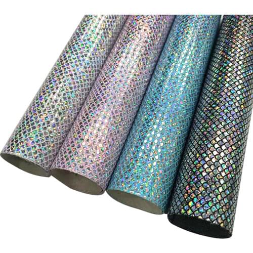 Fish Scale/Mermaid Embossed Metallic Laser Mirror PU Faux Artificial Leather Fabric for Craft/Shoe/Bag/Cover