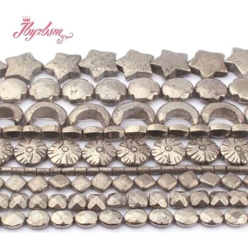 Tube Stars Moon Flower Silvers Gray Pyrite Natural Stone Spacer Loose Beads for DIY Women Necklace Bracelet Jewelry Making 15"