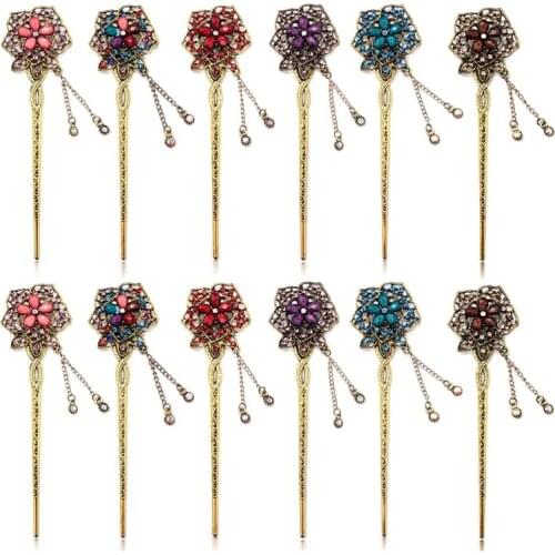 Ethnic Style Vintage Hair Stick Women Metal Rhinestone Hair Stick Hair Chopsticks Hairpin Chignon Woman Hair Clip Accessories