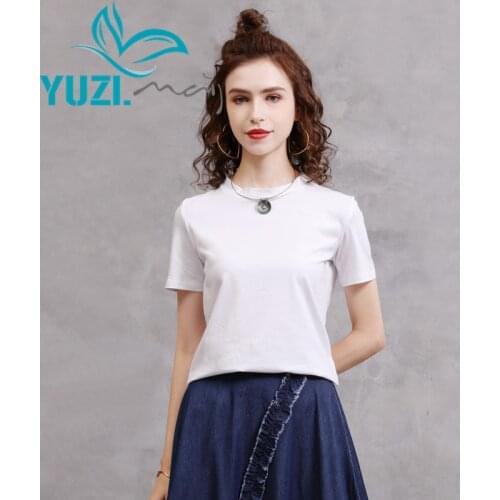 Womens T-shirt 2021 Yuzi.may Boho New Cotton Woman Tops Short Sleeve O-Neck Skinny White&Black Summer Clothes For Women B9321