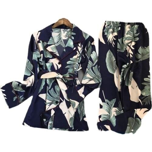 Printing Pattern Women Pajama Set Rayon Sleepwear Long Sleeve Trousers Two Paper Suit Robe Sets Sleep Tops Sleepwear Women