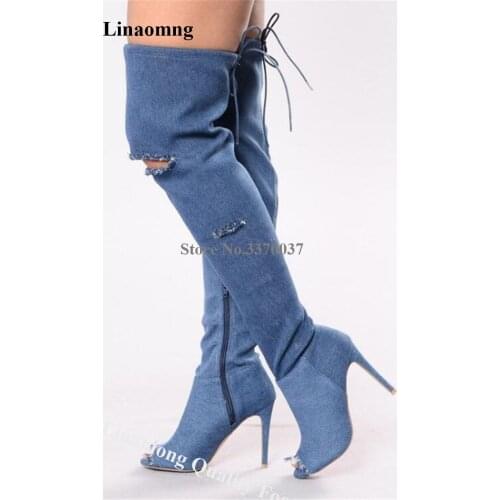 Linamong Women Sexy Peep Toe Denim Over Knee Stiletto Heel Gladiator Boots Blue Jean Long High Heel Boots Motorcycle Shoes