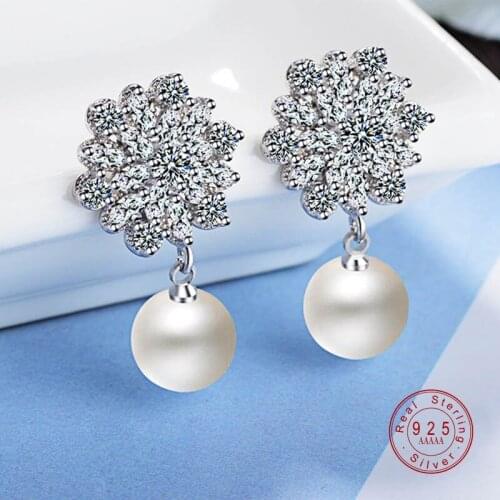 Gorgeous Hot Sale White Cubic Zirconia Snowflake Pearl Fashion Jewelry Silver Color Stud Earrings For Women Ear Jewelry