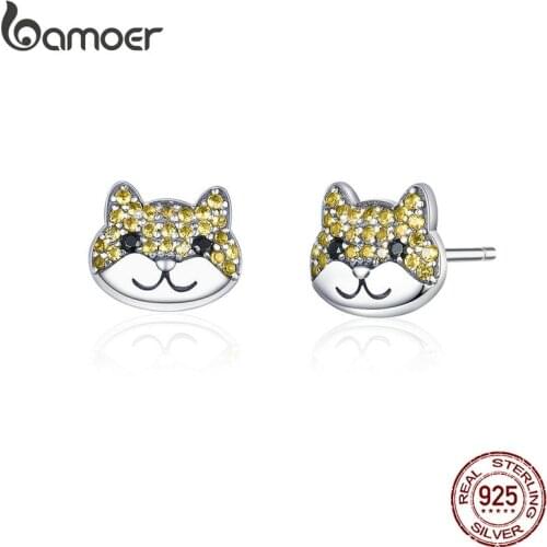Bamoer Cute Dog Stud Earrings for Women Silver 925 Jewelry Shiba Animal Sterling Silver Fashion Bijoux 2019 New Bijoux SCE769