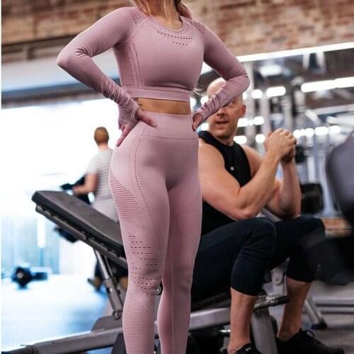 Women Sports Suit Cropped Shirts Push Up Leggings Gym Clothing Sport Set Female Long Sleeve Workout Slim Yoga Sets 2020 New