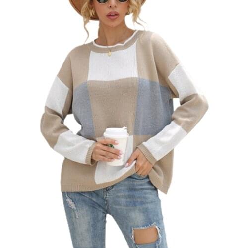 Women Color Block Plaid Pullover Sweater, Round Neck Long Sleeve Fall Winter Knitwear Sweaters