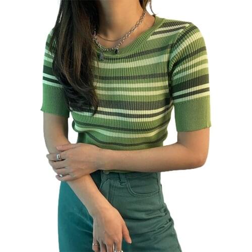 2021 New Women Knit Crop Tops Adults Color Block Striped Short Sleeve Round Neck T-shirt