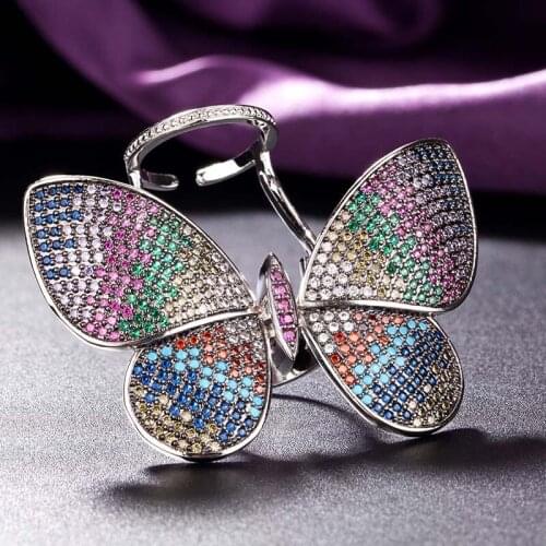 Zlxgirl jewelry Colorful cubic zircon Ring Thin Skinny Engagement Wedding Birthstone Rainbow Color Classic butterfly shape rings