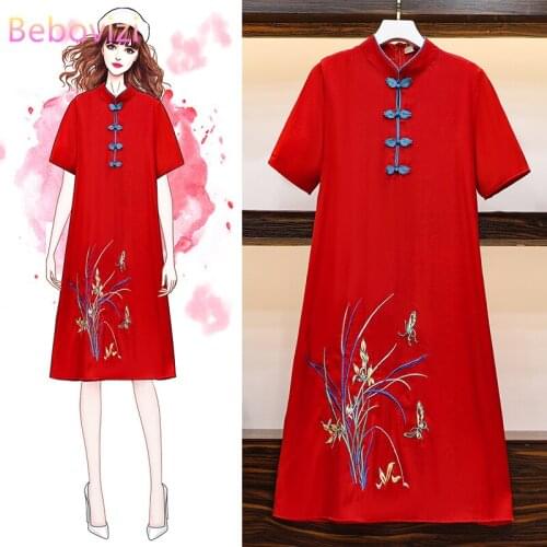 2020 M-4XL Plus Size Vintage Red Embroidery Chinese Traditional Qipao Casual Party Women Midi Dress Summer Cheongsam Dresses