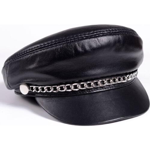 Winter Ladies Genuine Leather Berets Woman/Man 100 Percent Sheepskin Golden/Silver Chain Gorras Students Baseball Caps