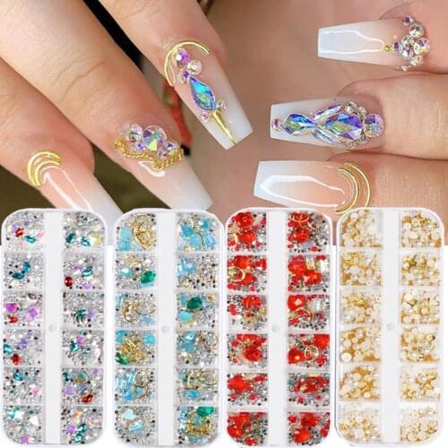 12 Grids Mixed Colorful Rhinestones for Nails 3D Crystal Metal Shiny Charm Nail Ar Decorations Design Manicure Diamonds Decals