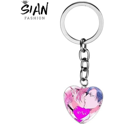 SIAN New Japanese Anime Yarichin Club Heart Keychain Cartoon Printed Glass Dome Metal Holder Key Chain Hot Jewelry Gifts Men