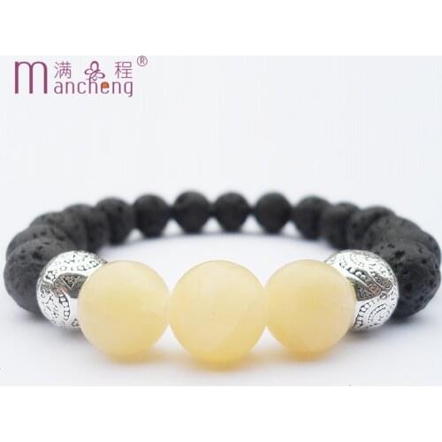Natural stone beads lava Light Yellow Topaz Jade bracelet female man Vintage silver religion meditation bracelet pendant