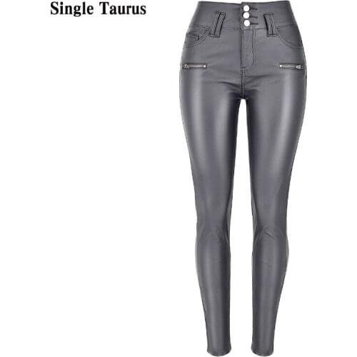 Faux Leather High Waist Pants Women Fashion Gray Streetwear PU Ropa Mujer Button Fly Skinny Pantalon Femme Push Up Pencil Pants
