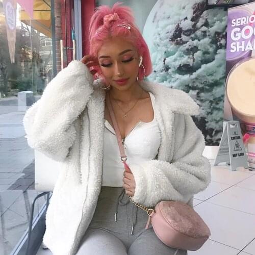 Europe Faux Fur Thick Zipper Cardigan Jacket Female Fashion streetwear large sizes long coat female Novel Pink casual Coat