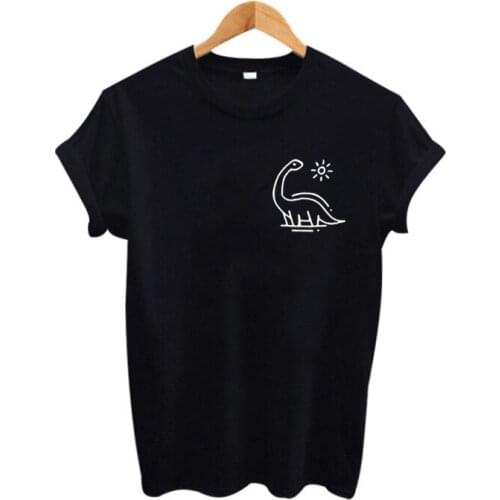 Cotton Tshirt Femme Tops Hipster Womens Clothing Dinosaur Print Pocket T-shirt Tumblr Hipster Harajuku T Shirt Black White