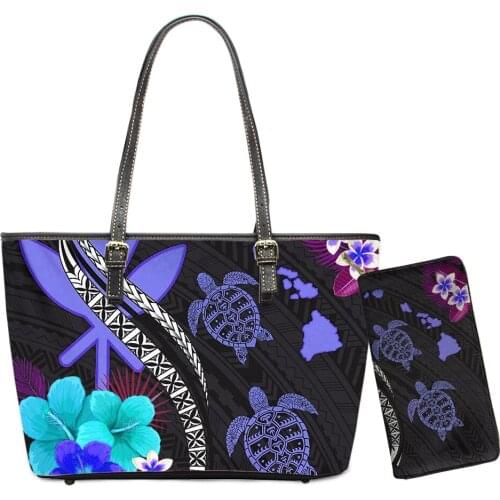 Hawaii Leather Handbags Set For Women Polynesian Hibicus Flower Luxury Totes Bag And Purse For Women Large Shoulder Bag Outdoor