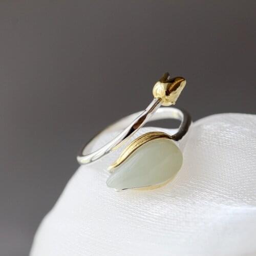 Authentic 925 Sterling Silver Rings Inlaid Natural White Jade Petal Fashion National Style Women Opening Adjustable Ring