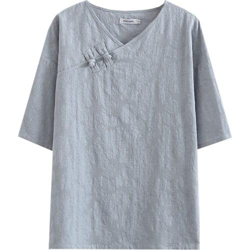 Summer T-Shirt Women Clothes Tees 2021 Casual Plus Size Tops Jacquard Chinese Style Buttons V Neck Camiseta Mujer