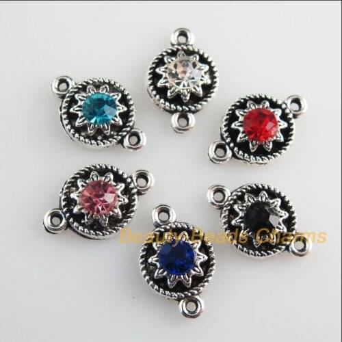 New 30Pcs Tibetan Silver Color Mixed Crystal Flower Charms Connectors 9x14mm