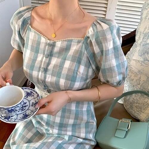 Spring Summer Fashion Dress For Woman Elegant Plaid Botton Square Collar Puff Sleeve High Waist Dress Casual Lady Dress