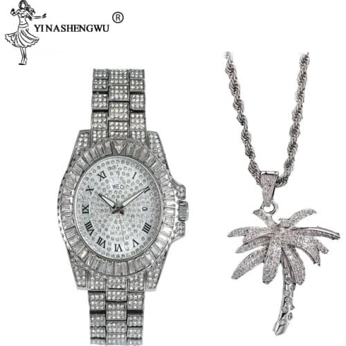 Hip Hop Bling Iced Out Micro Paved CZ Palm Tree Pendants Necklaces & Watch Full Set For Men Women Rapper Jewelry Free Rope Chain