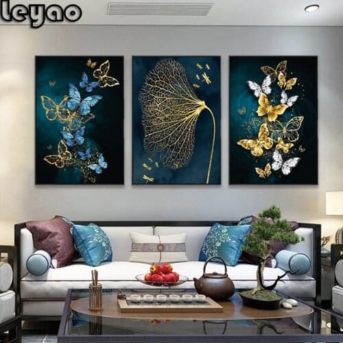 Full Square/Round Drill 5D DIY Diamond Painting 3 Pieces"Blue Gold Butterfly"3D Diamond Embroidery Cross Stitch 5D Decor Gift