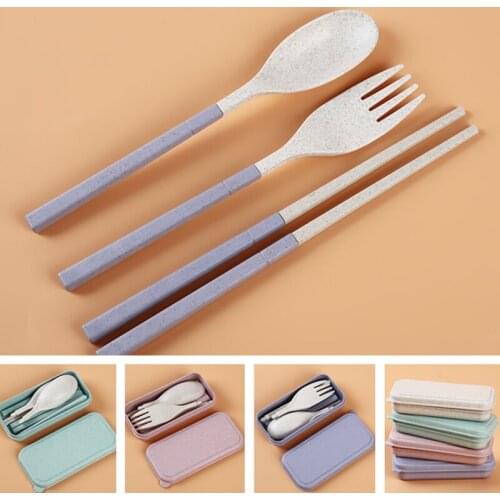 Portable Wheat Straw Fork Cutlery Set Foldable Folding Chopsticks Cutlery Set With Box Picnic Camping Travel Tableware Set