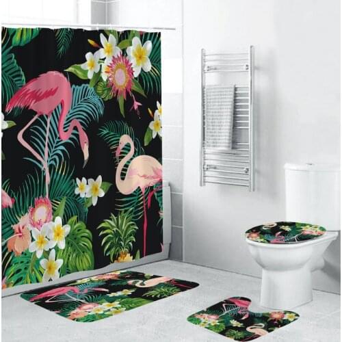 Green Leaf Shower Curtain Sets Tropical Palm Leaves Flowers Flamingo Bathroom Decor Waterproof Fabric Bath Curtains with Hooks