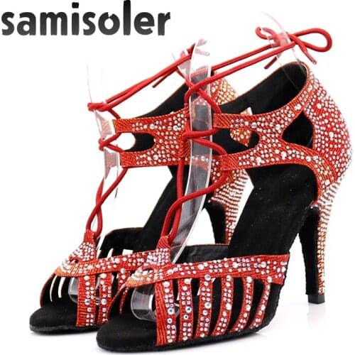 Samisoler Latin dance shoes zapatos de baile latino mujer shining Bronze Skin Black satin Women Salsa party Ballroom shoes