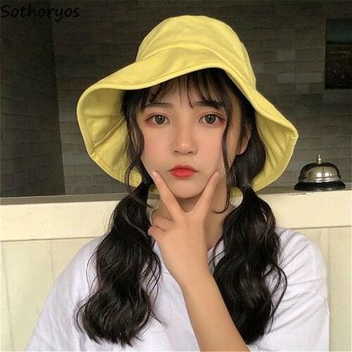 Bucket Hats Women Summer Solid Color Korean Style Sunbonnet Wide-visor Leisure Students Chic Fashion Harajuku All-match Chapeau