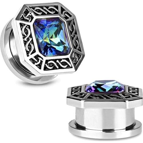 Stainless Steel Screw Square Shape Cubic Zirconia Ear Flesh Gauges Plugs Tunnels Expander Vintage Style Body Piercing